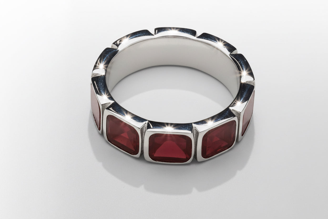 Red Stone Band Ring (Silver)
