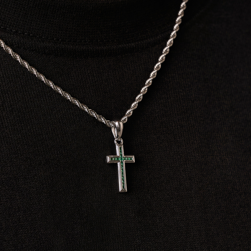 Mini Emerald Stone Cross (Silver)