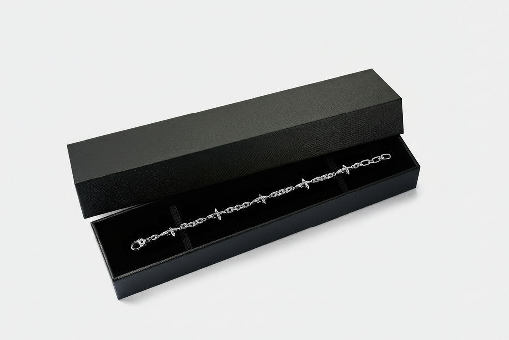 Silver bracelet in a black box on a white background