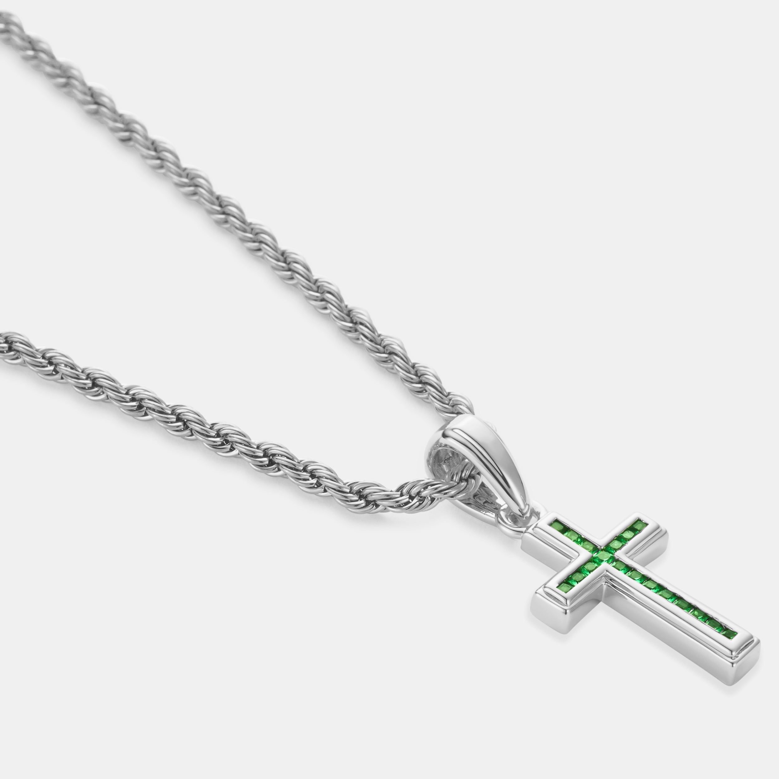 Mini Emerald Stone Cross (Silver)