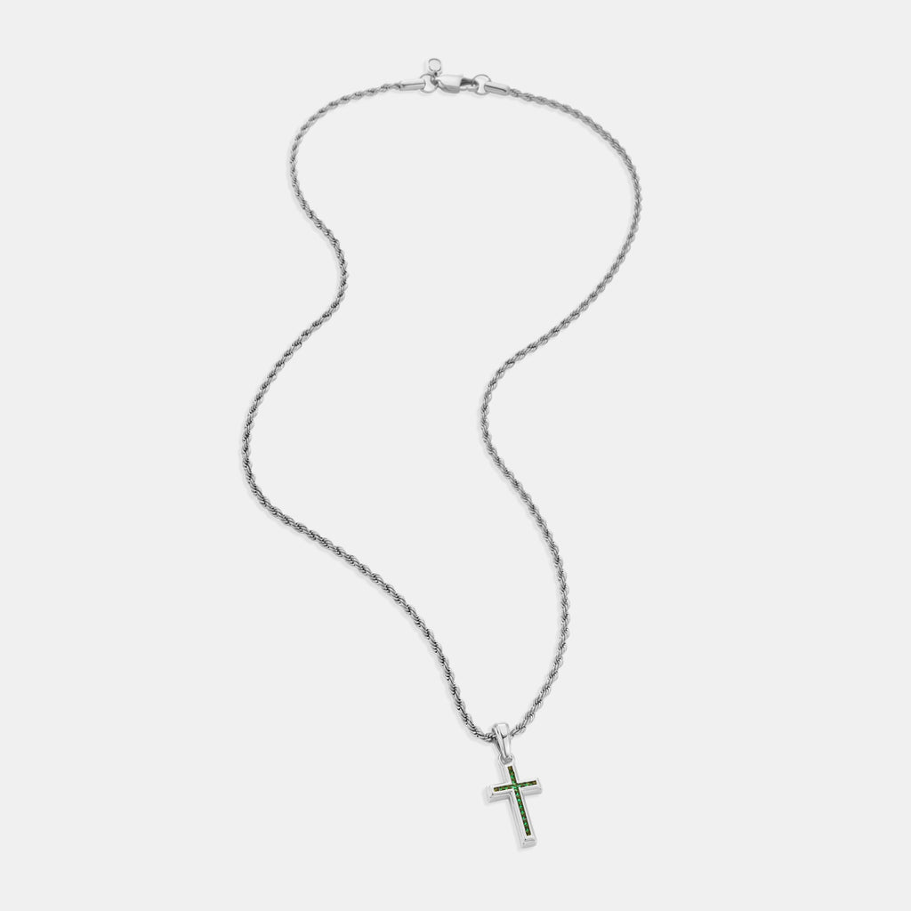 Mini Emerald Stone Cross (Silver)
